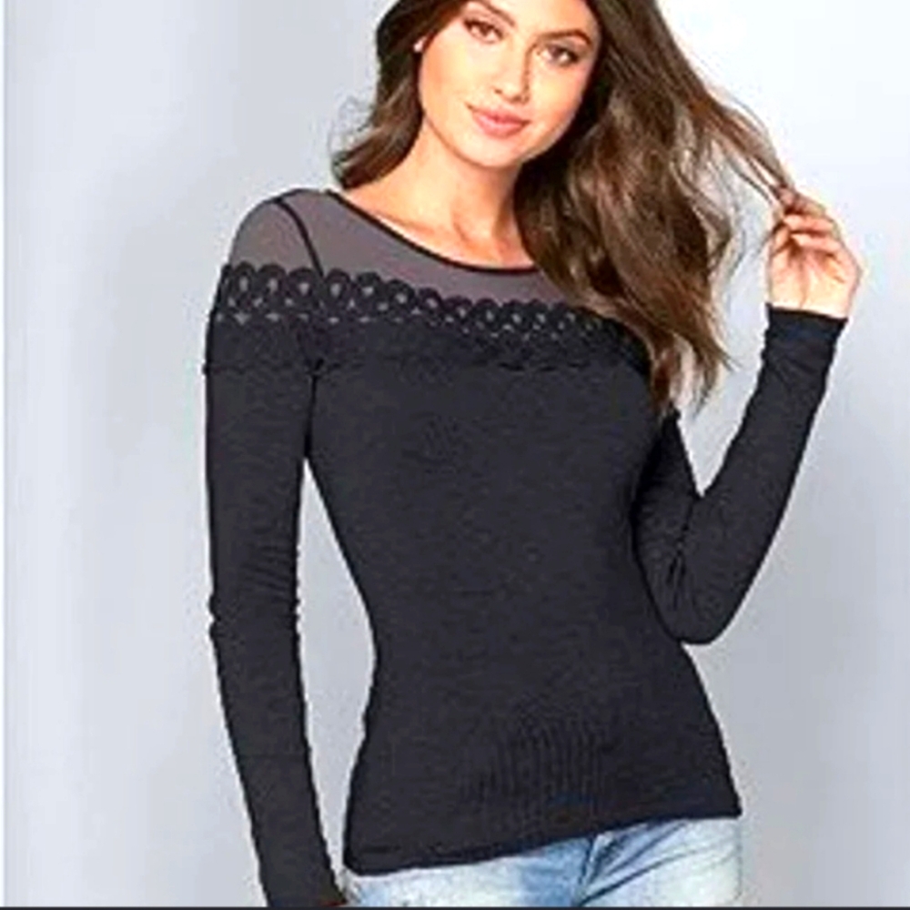 VENUS Black Embroidered Mesh Neckline Long Sleeve Lightweight Sweater Size Small